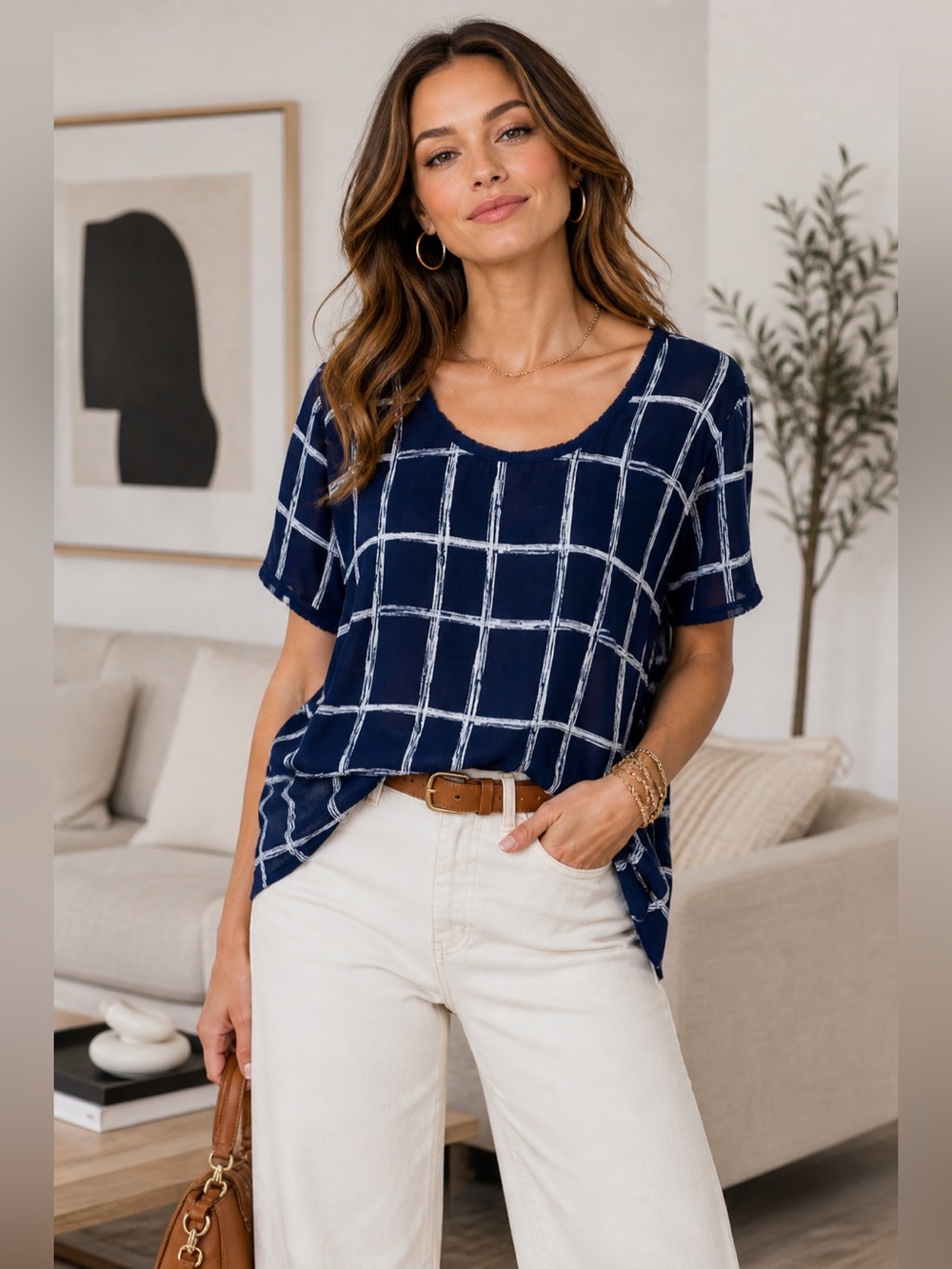 Lane Bryant Navy Blue Windowpane Print Chiffon Blouse Size 14/16